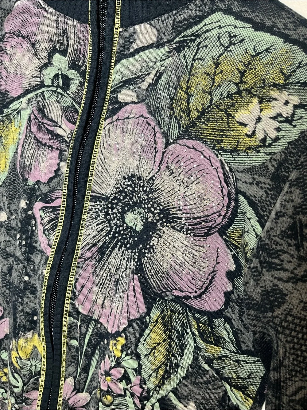 Vanilla Sugar Y2K Black & Lavender Sunflower Floral Rhinestone Zip-Front Jacket
